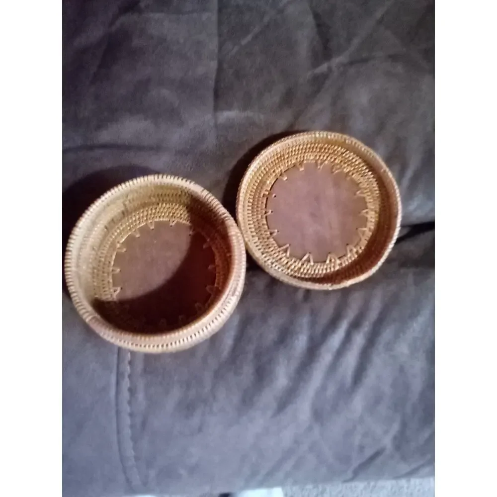 VintageTrinket Basket Indonesian Lombok Woven Oval Wood Carved Lid Natural 4x2